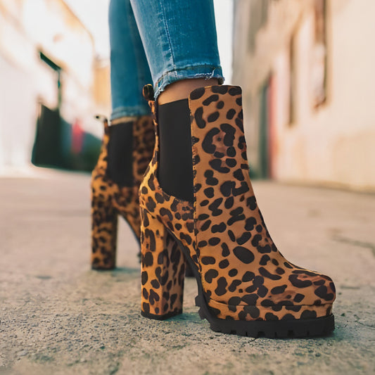 Round-toe Ankle Boots Solid Leopard Print