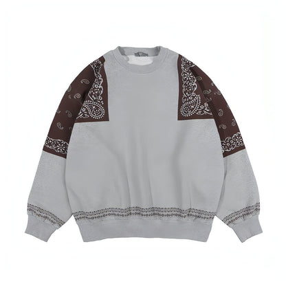 Retro Paisley Stitching Fleece-lined Crew Neck Sweater