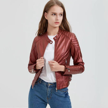 Standing Collar Motorcycle Pu Slim Leather Jacket Women Short