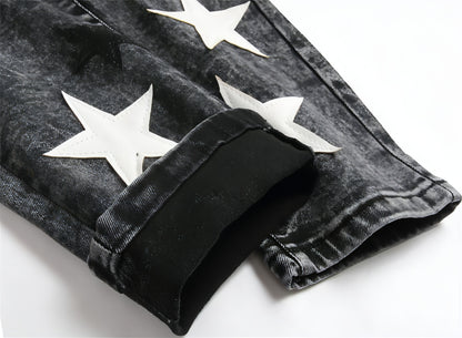 Jeans Punk Men Hole Borderyy Star de cinco pontas