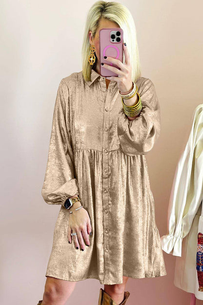 Apricot Metallic Sheen manga de puff button up Mini Shirt Dress