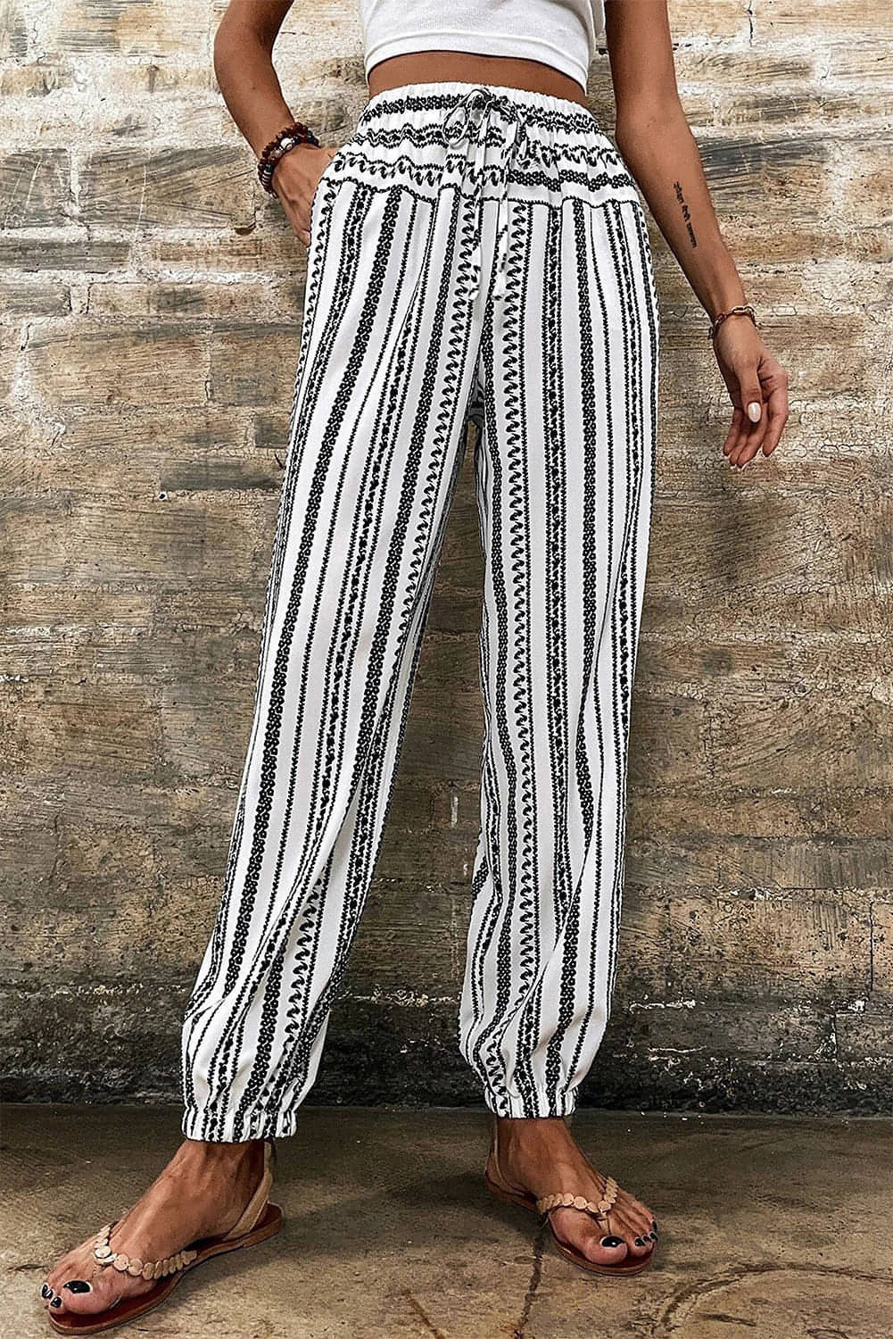 Casual broek met zwarte streep Boho gestreepte print