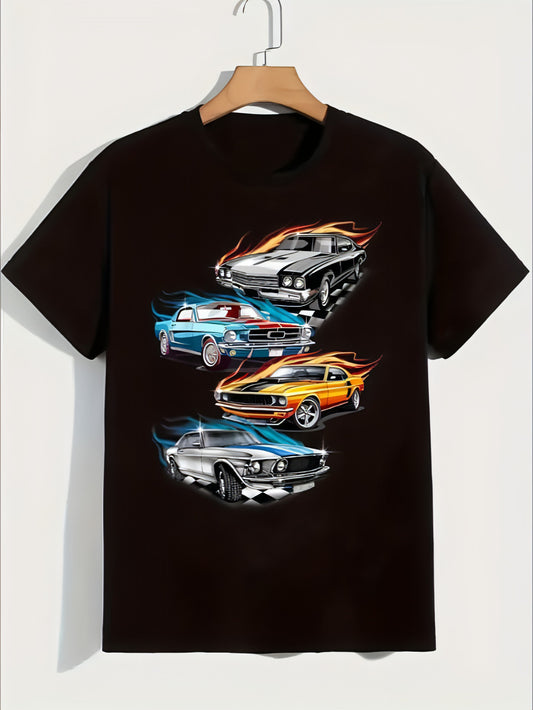 T-shirt de pescoço da tripulação da juventude masculina, 4 estampas de carro esportivo legal, tops casuais, ajuste regular, tecido de malha do verão da primavera