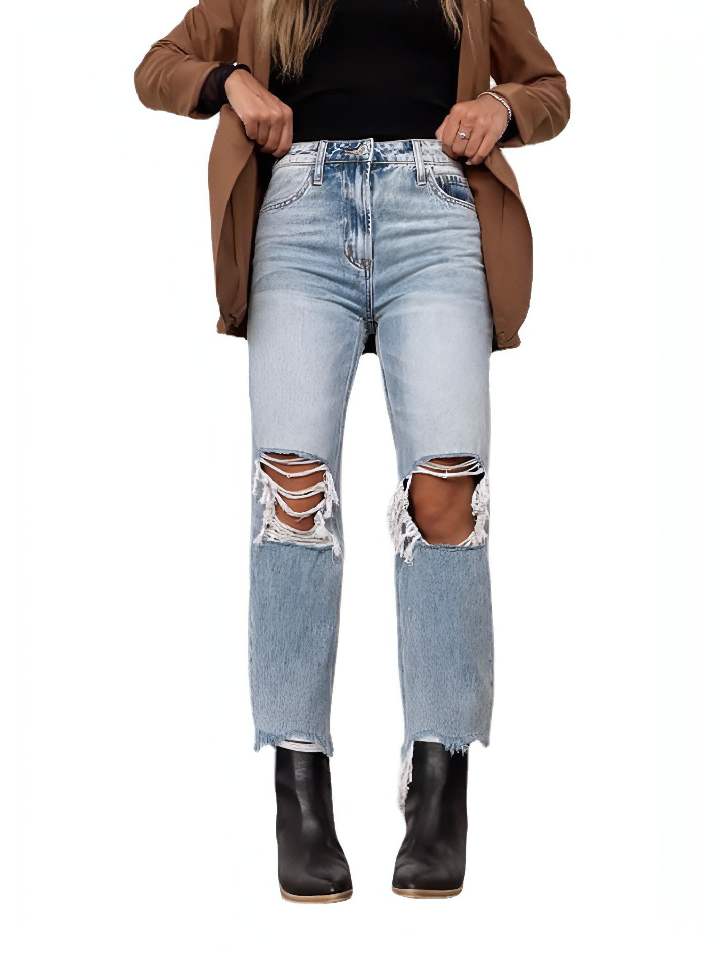 Water Washed Hole High Waist Loose Straight Trousers Women Jeans