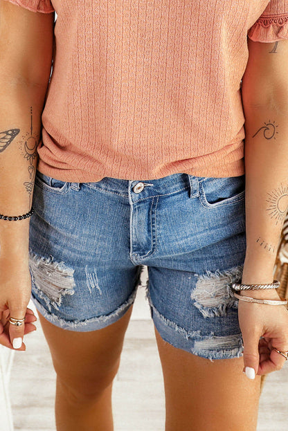 Distressed Ripped Rolled Hem Sky Blue Denim Shorts