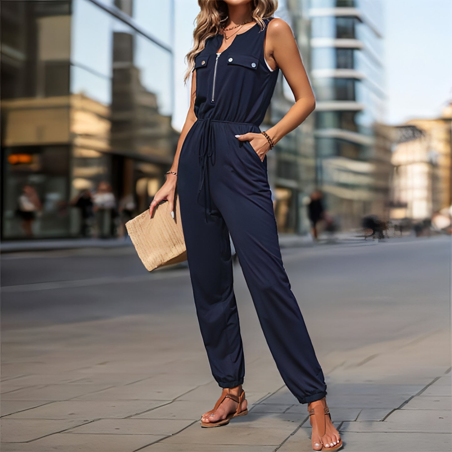 Women's Black Sleeveless Long Jumpsuit