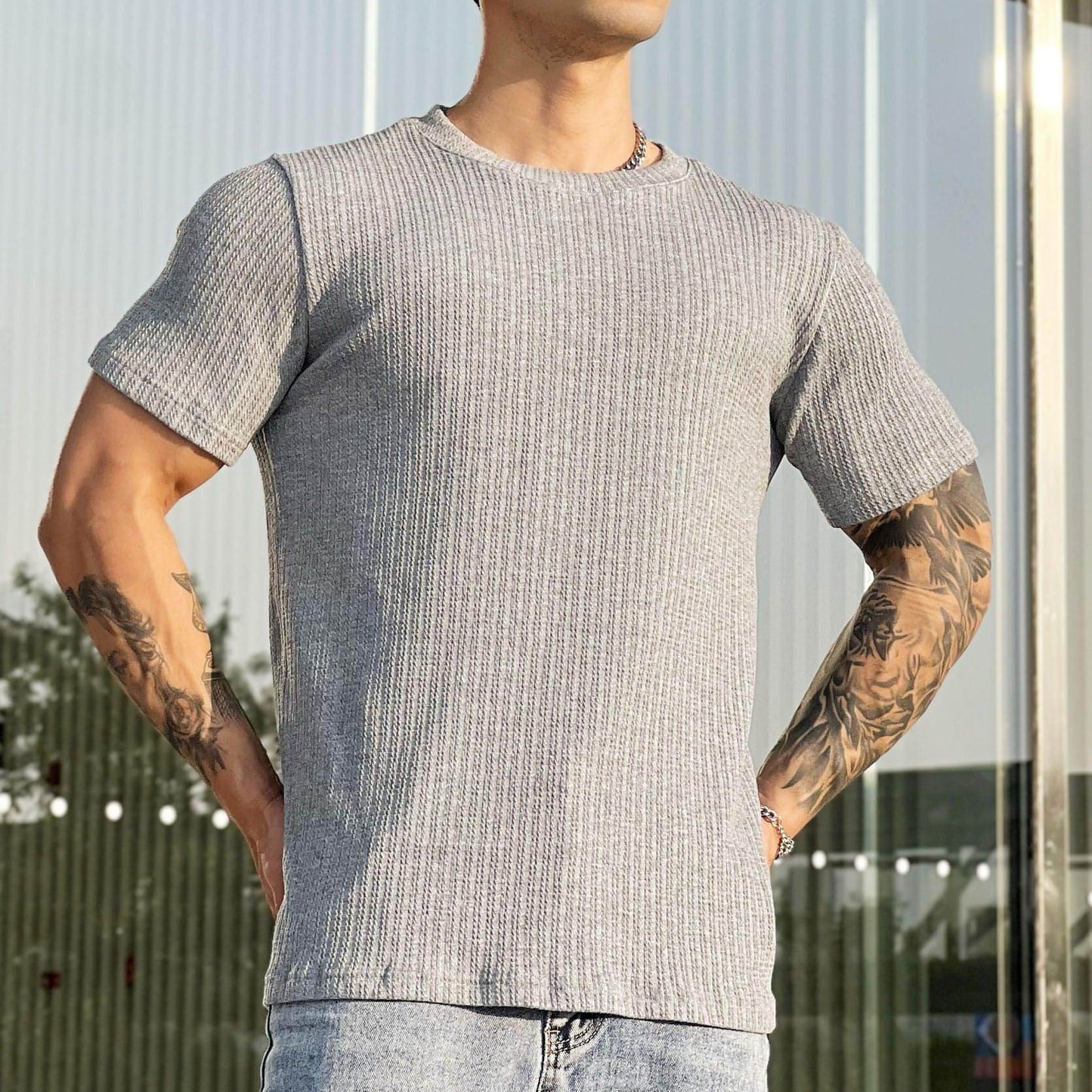 A1. Simplicity All-matching Slim Fit Breathable Stretch Sports Fitness Round Neck Short Sleeve T-Shirt