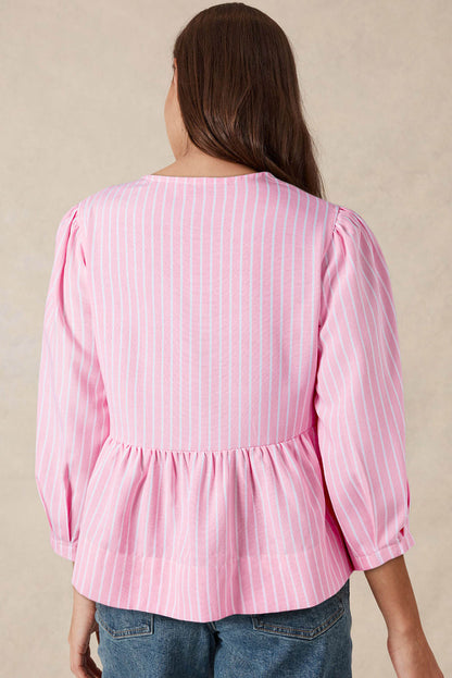 Pink Stripe Bowknot Front Crew Neck Puff Sleeve Bluse