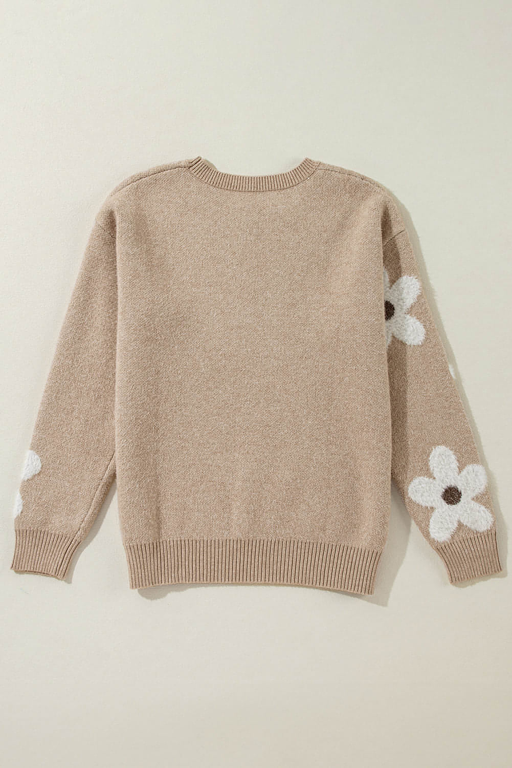 Parchment Flower Pattern Ribbed Trim Crew Neck Sweater