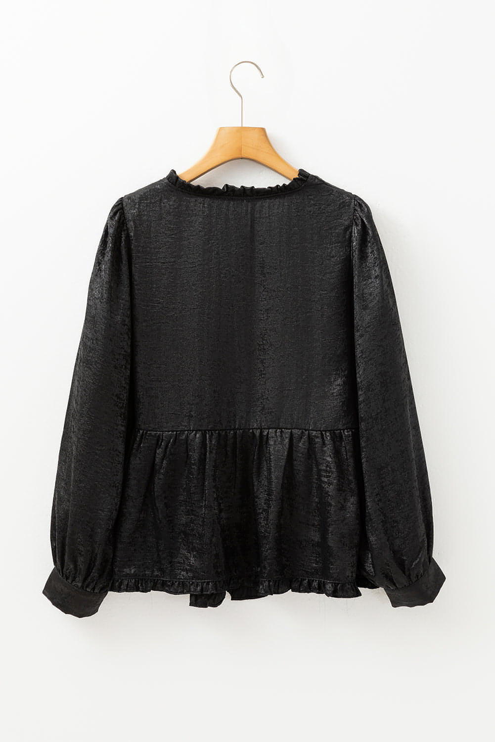 Black Metallic Frilled V Neck Puff Sleeve Babydoll Blouse