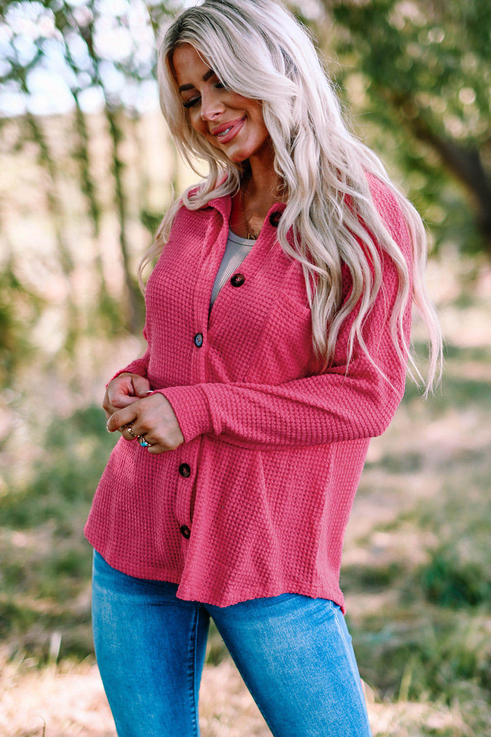 Pink Waffle Knit Button Up Casual Shirt