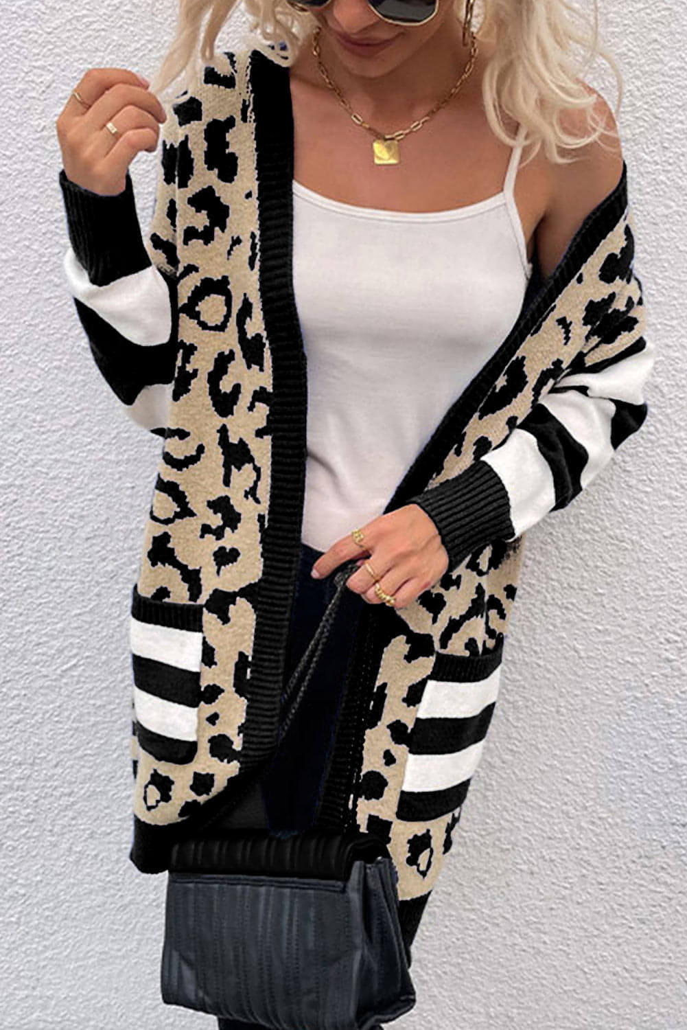 Black Stripe Sleeve Leopard Print Cardigan med åpen front og lommer