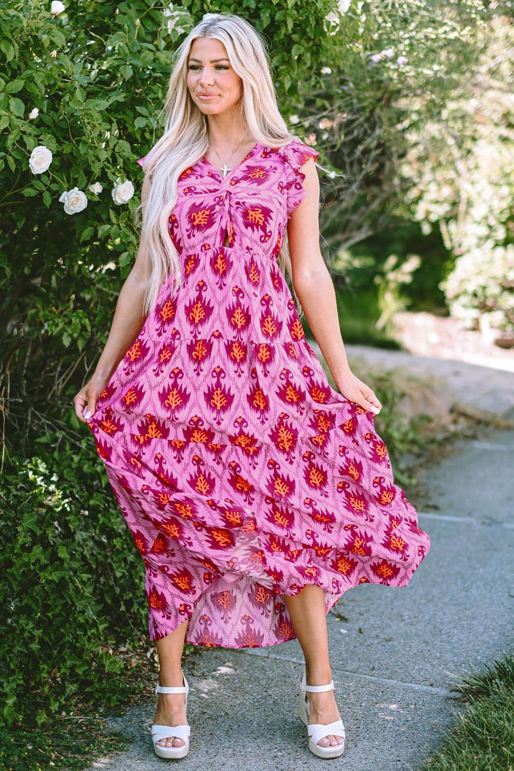 Bonbon Retro Print Twisted Twisted Front Ruffled Maxi Dress