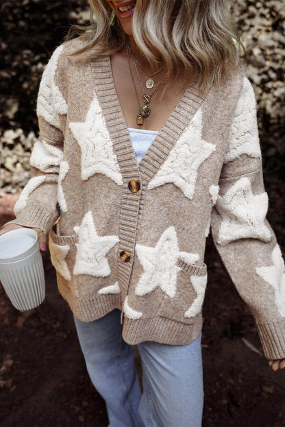 Cardigan maglione strutturato con motivo a stella Sherpa kaki con tasche