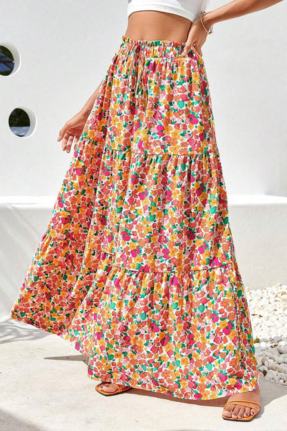 Gele Boho bloemenprint gelaagde lange rok