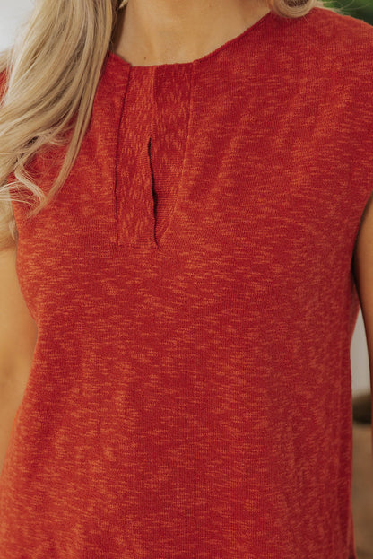 Orange Solid Color Split V Neck Short Sleeve Sweater