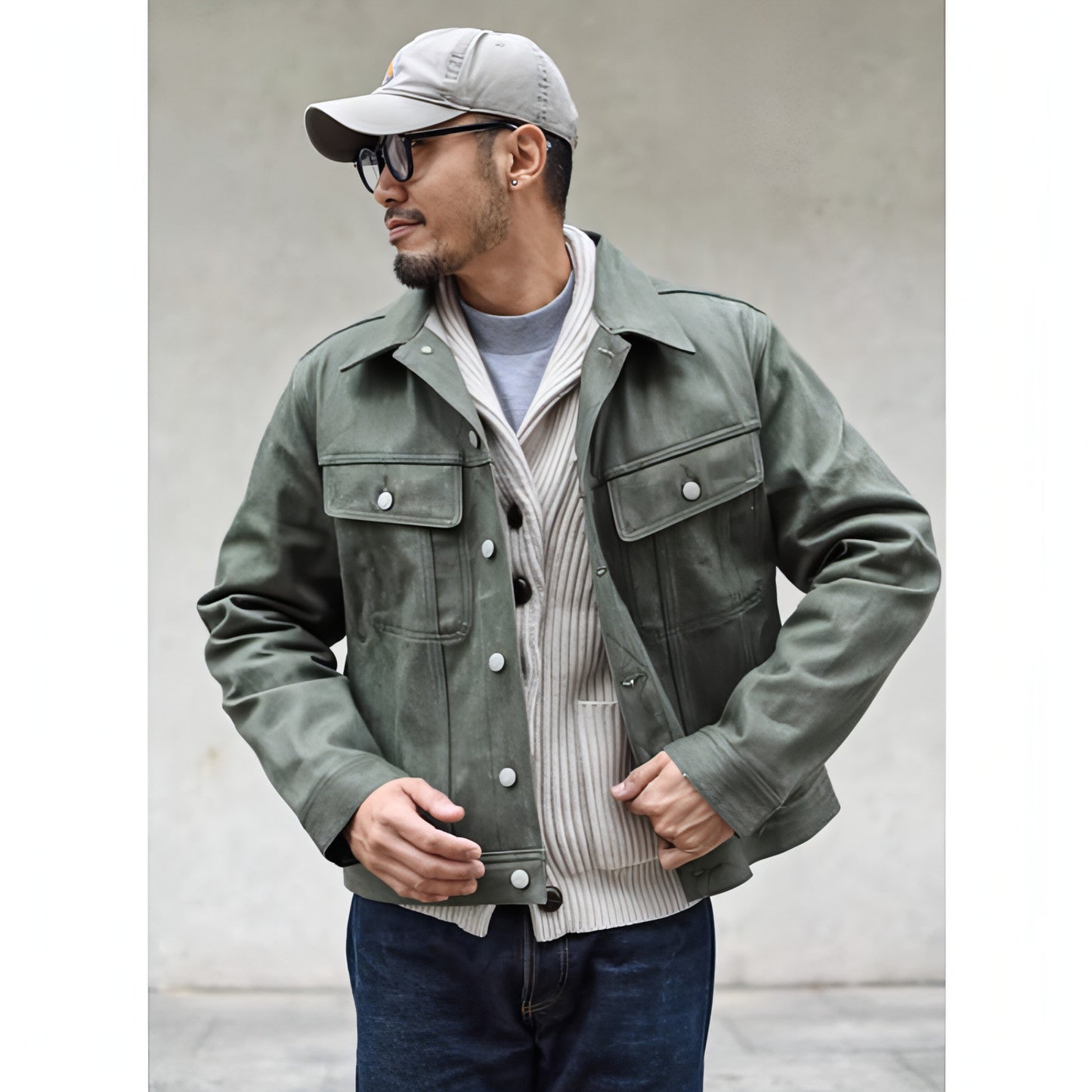 Vulcanized Green Puree Denim Retro Workwear Pure Cotton Coat Men