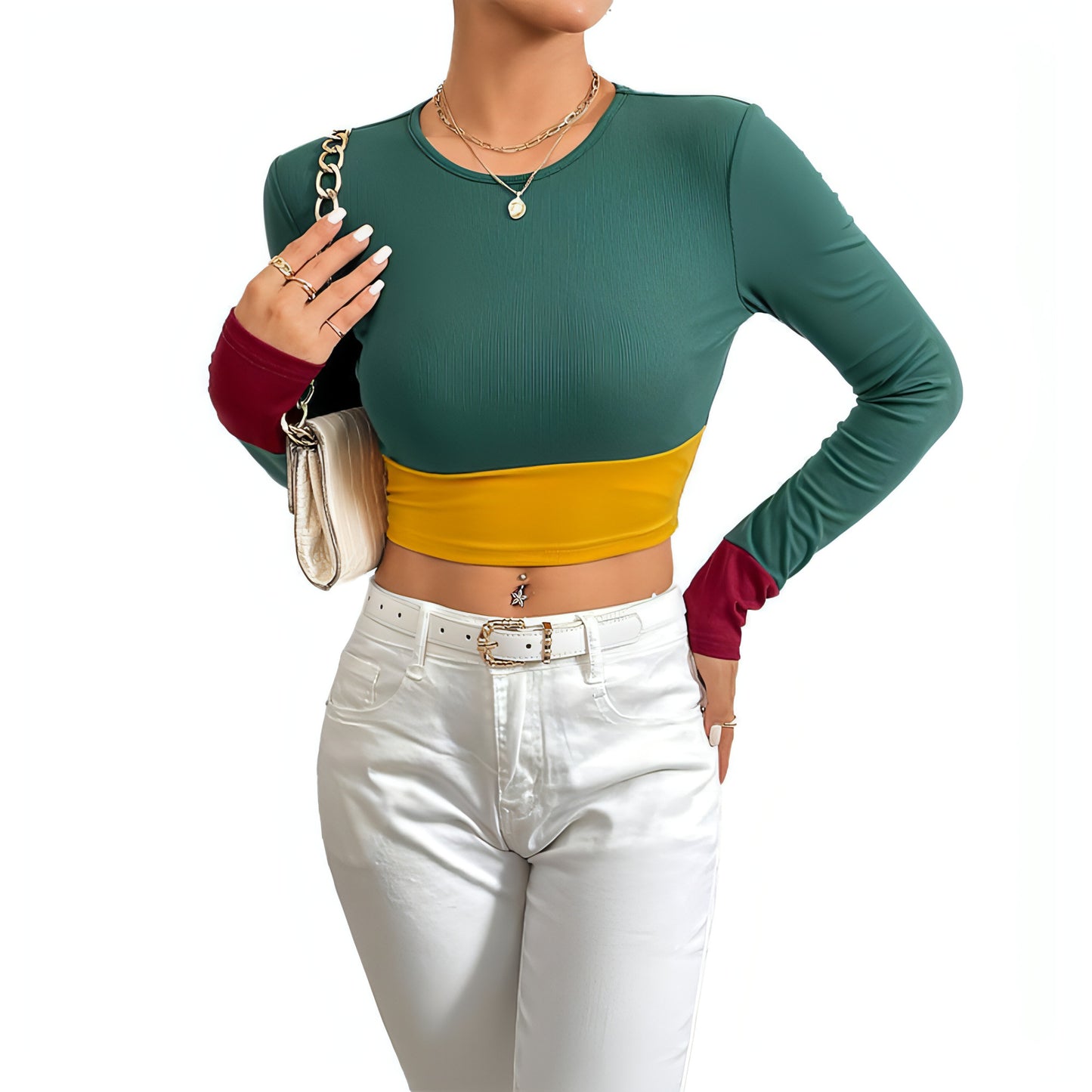 Slim Fit O-neck Short Stitching Long Sleeve T-shirt Women