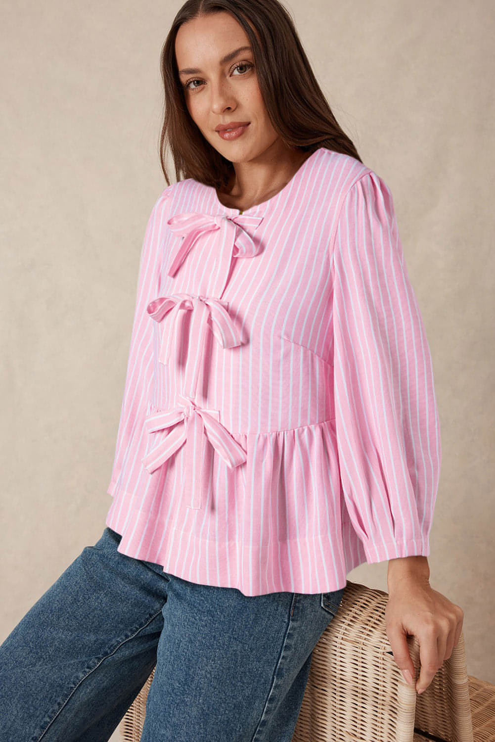 Pink Stripe Bowknot Front Crew Neck Puff Sleeve Bluse