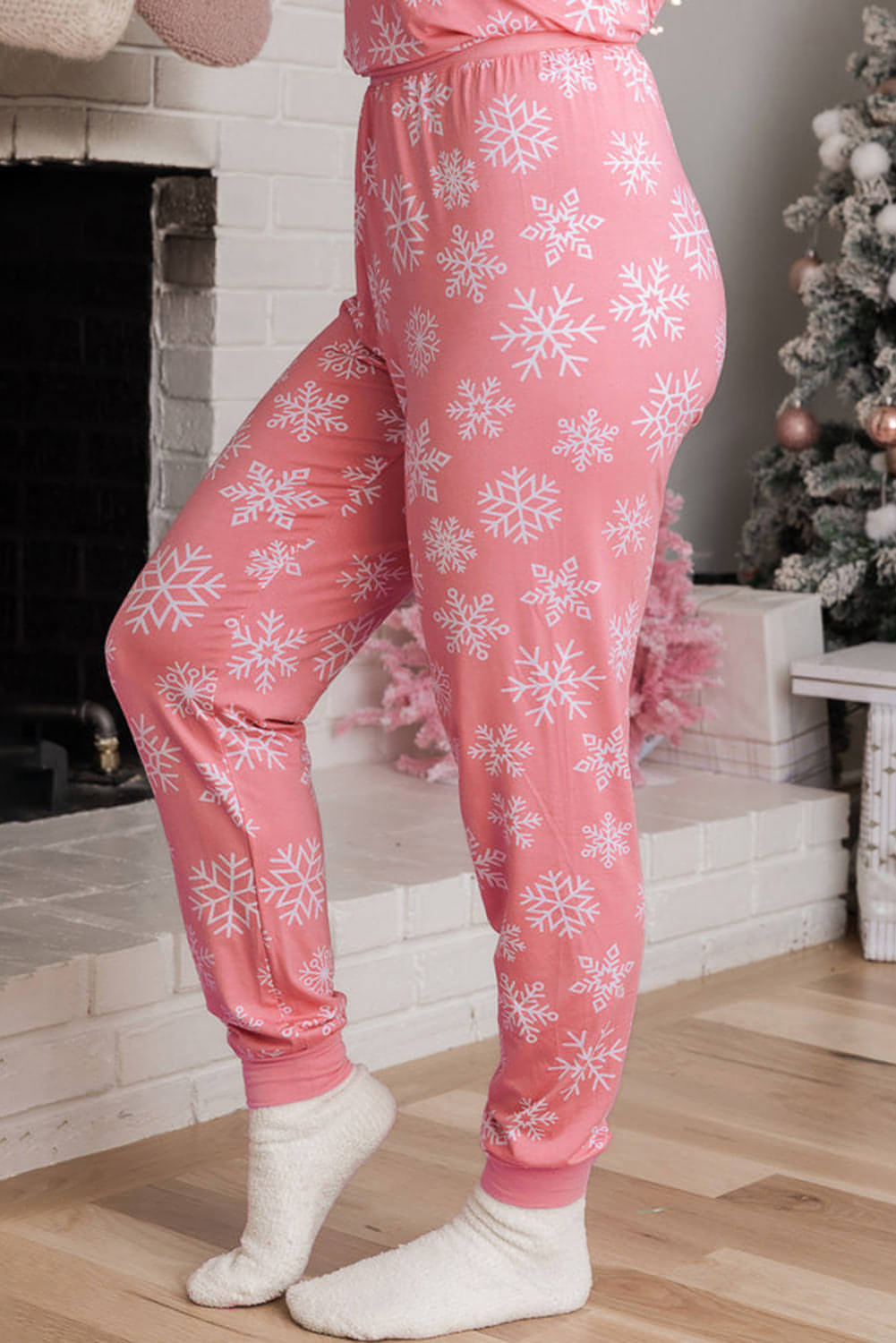 Pink Christmas Snowflake Print Two-Piece Loungewear