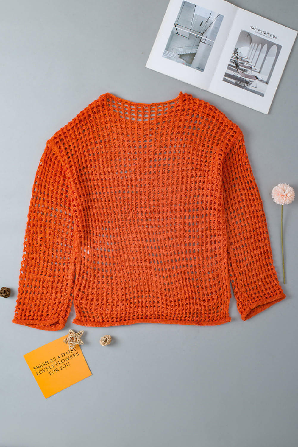 Orange Open Strick Häkelglockenhülsen -Tunika -Pullover