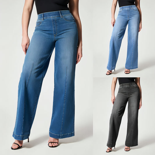 Gerade Jeans für Damen, mittlere Taille, weites Bein, Hose mit hoher elastischer Taille