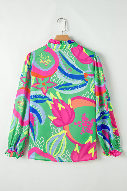 Groene abstracte print gegolfde mouw knoop V -nekblouse