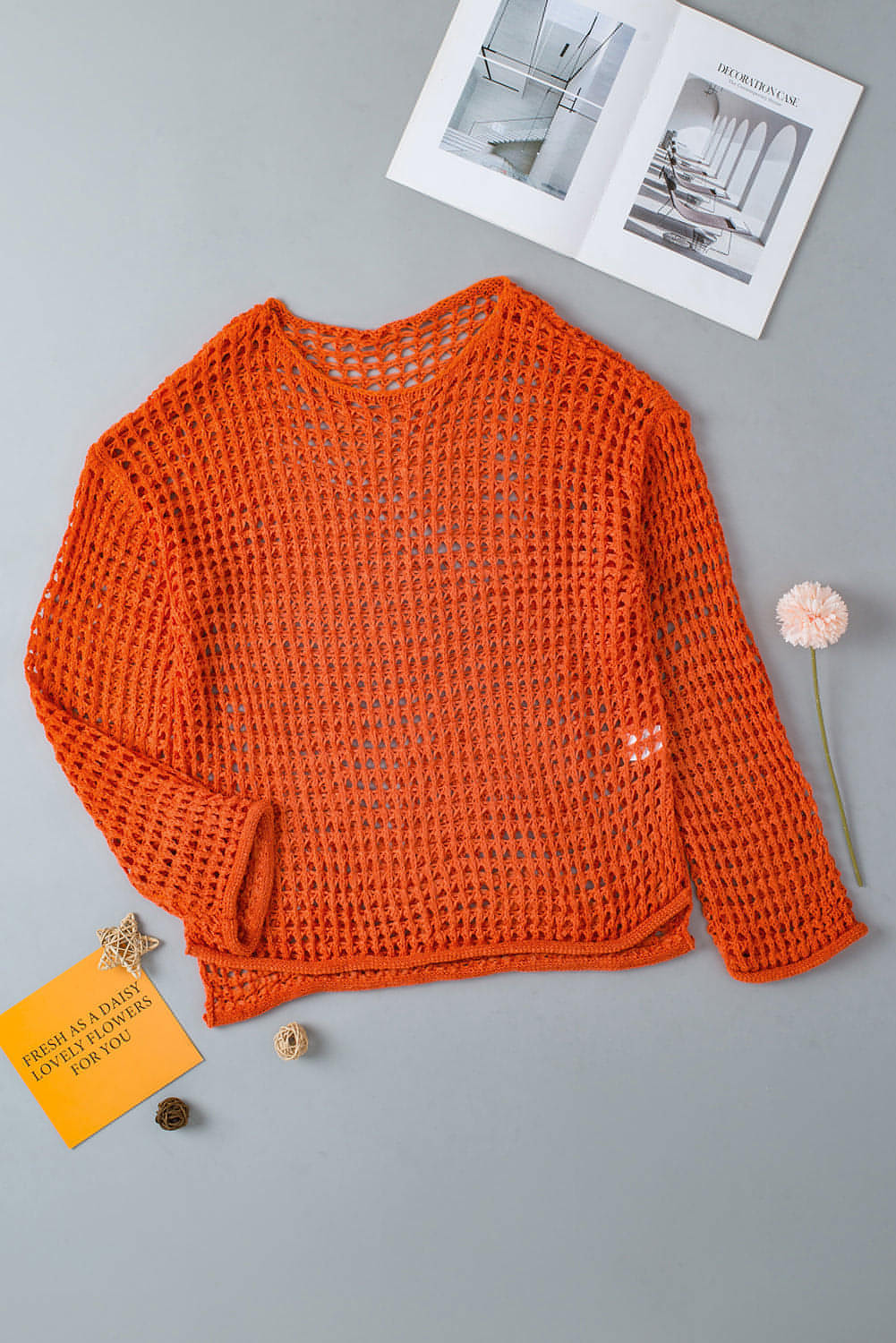 Orange Open Strick Häkelglockenhülsen -Tunika -Pullover