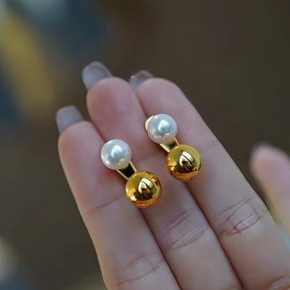 Pearl And Small Gold Ball Combined With Gold Earrings