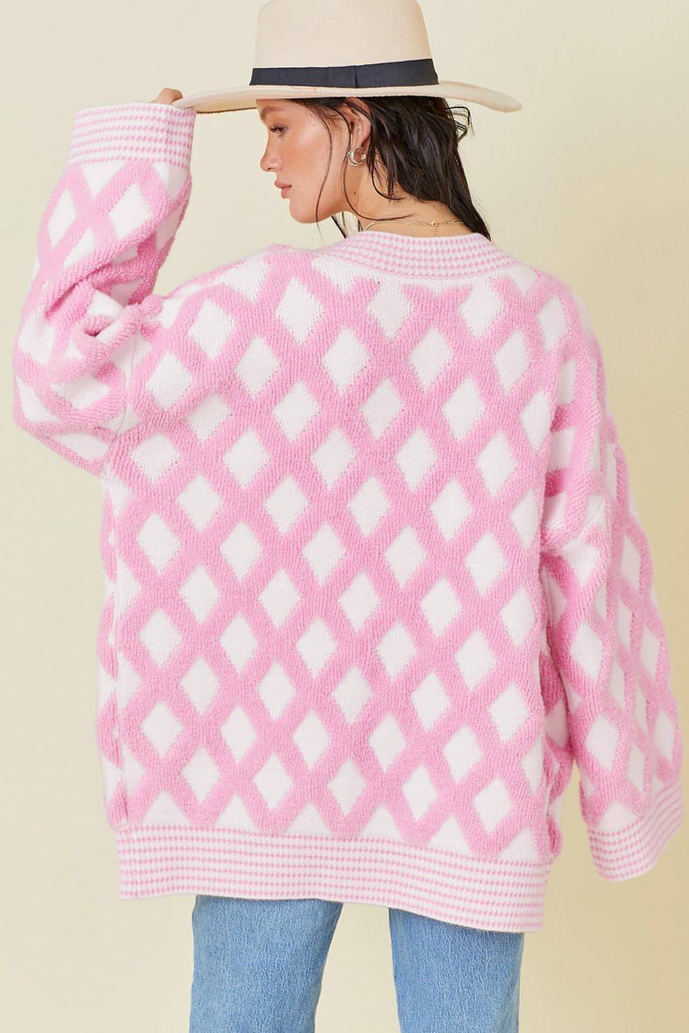 Cardigan con tasca frontale aperta in maglia con motivo a rombo rosa