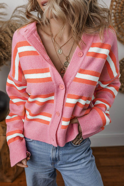 Maglione cardigan con bottoni sulla spalla cadente a righe rosa