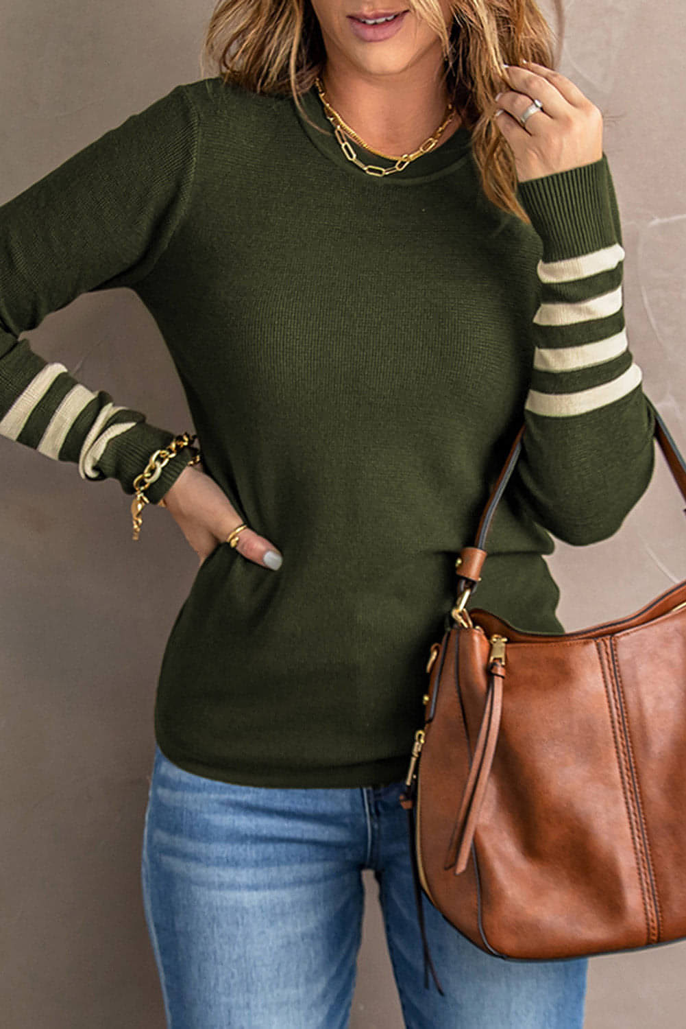 Groene gestreepte mouw Plain Knit Sweater