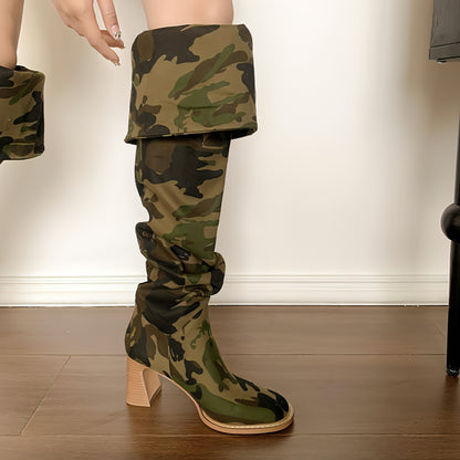 Botas largas de mezclilla con tacón grueso y diseño de camuflaje y cabeza redonda para mujer