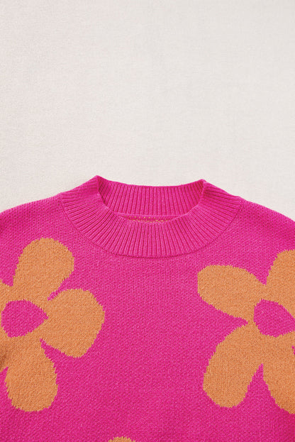 Rose Big Flower Pattern Mock Neck Manum Sleeve Sweater