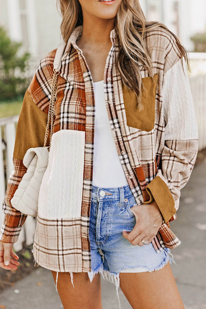 Orange Plaid Farbblock Patchwork -Hemdjacke mit Tasche