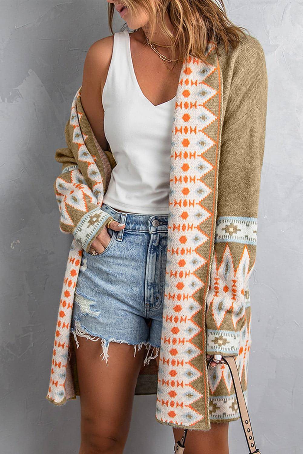 Khaki Aztec Print Open Front Strick Cardigan