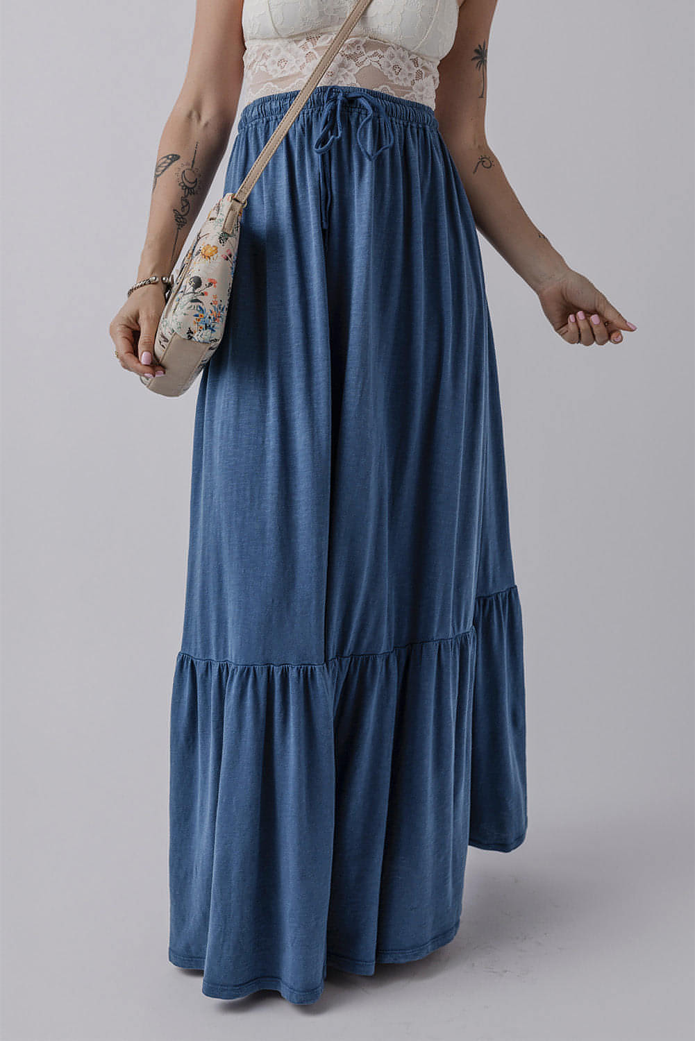 Zeil blauw vaste kleur veter omhoog hoge taille gelaagde maxi rok