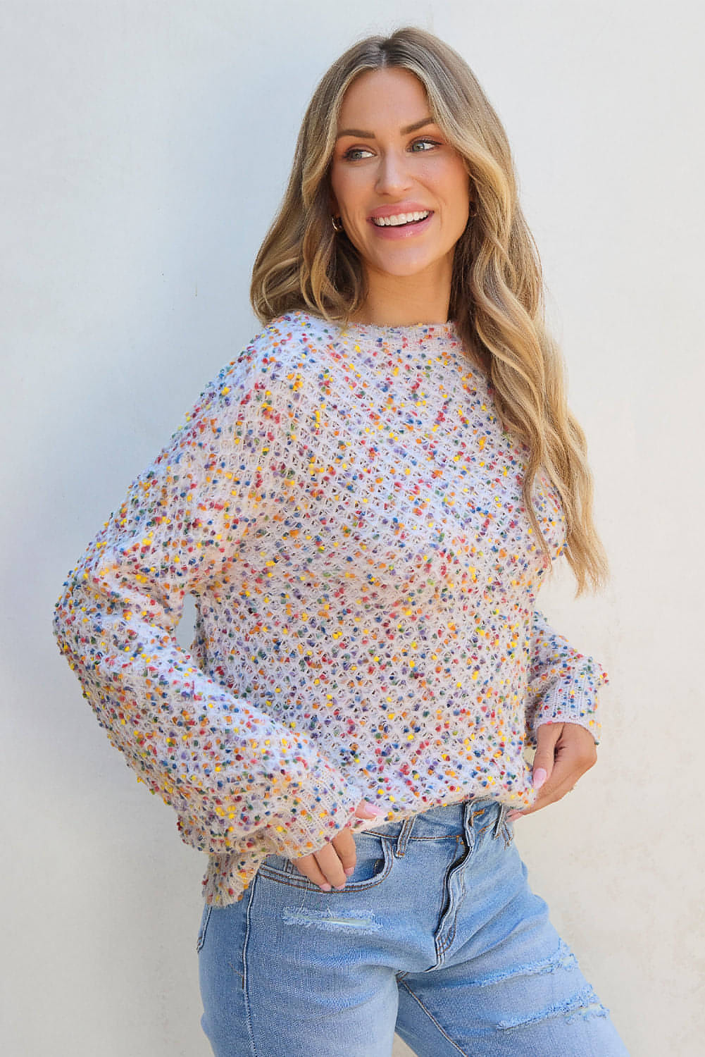 Weißes Popcorn-Pullover-Oberteil aus Konfetti-Strick