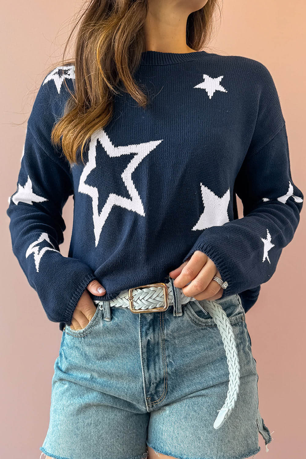 Sail Blue Star Pattern Drop Shoulder Knitted Sweater