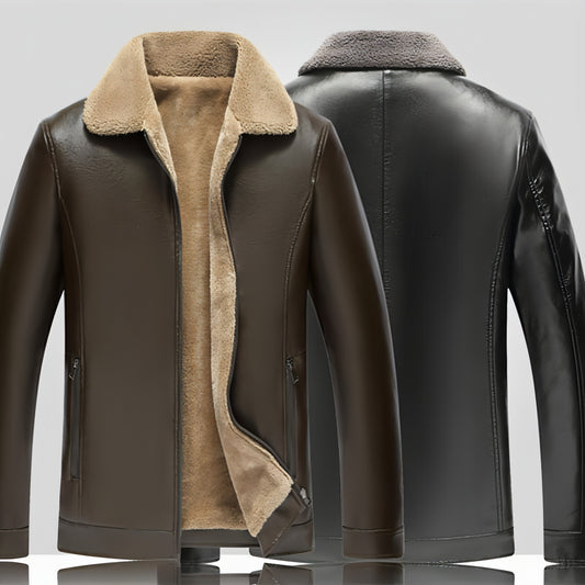 Chaqueta de cuero grueso con forro polar y cuello polo informal a la moda para hombre