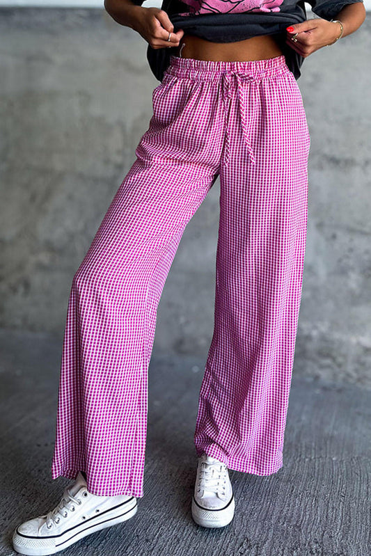 Pink Plaid Print DrawString High midje breda ben Casual Pants