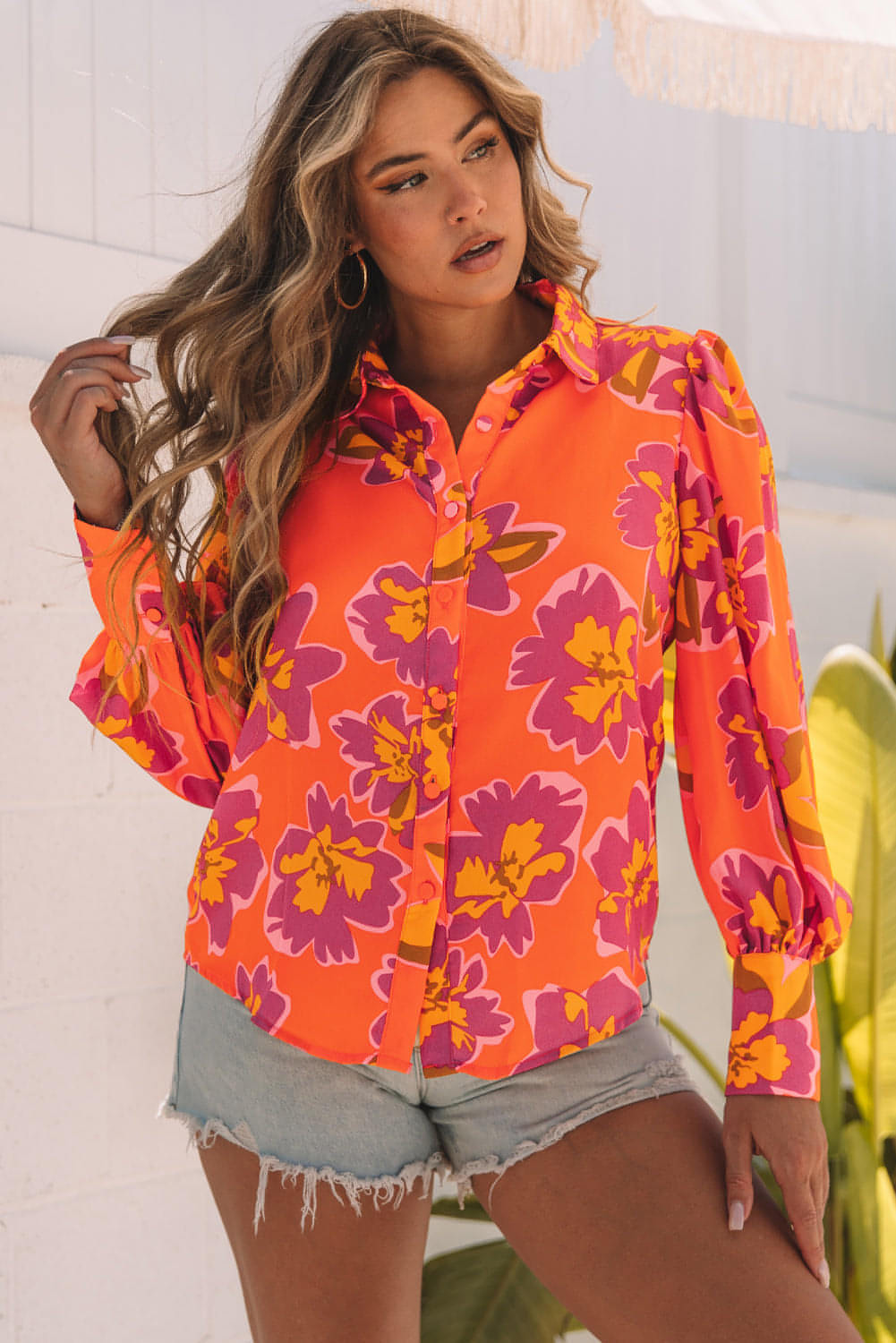 Orange Floral Print Lantern Sleeve Shirt