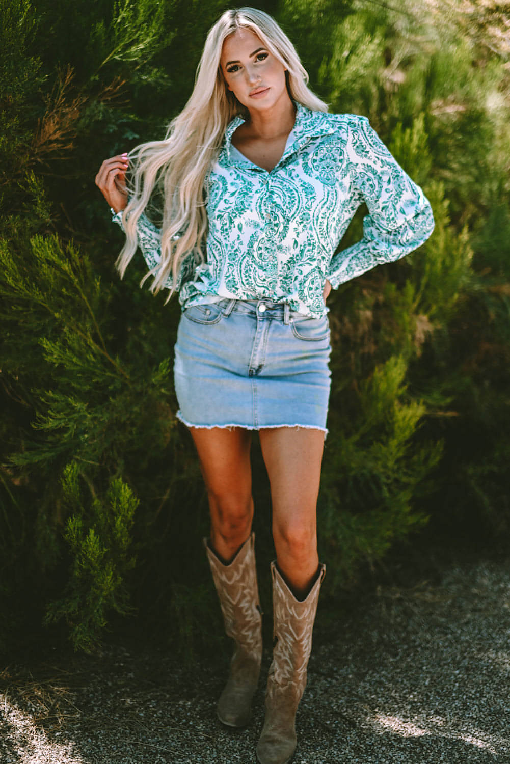 Green Paisley Print Smocked Cuff Buttoned Loose Shirt