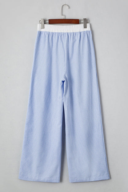 Sky Blue Stripe Wide Leg -knäppta spetsar upp elastiska höga midjbyxor