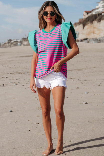 Pink Stripe Colorblock Ruffled Sleeve Crew Neck Blouse