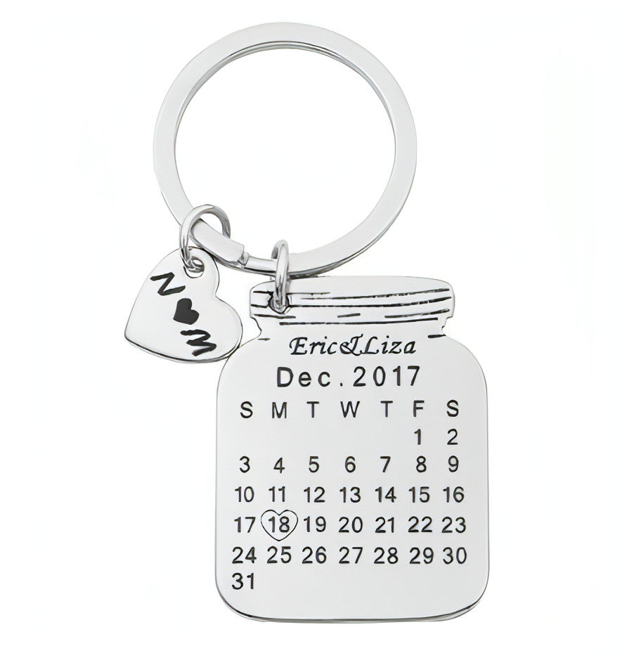 Personalized Heart-Shaped Calendar Keychain – Custom Engraved Date & Name