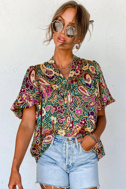 Green V Neck Short Bubble Sleeve Paisley Blouse