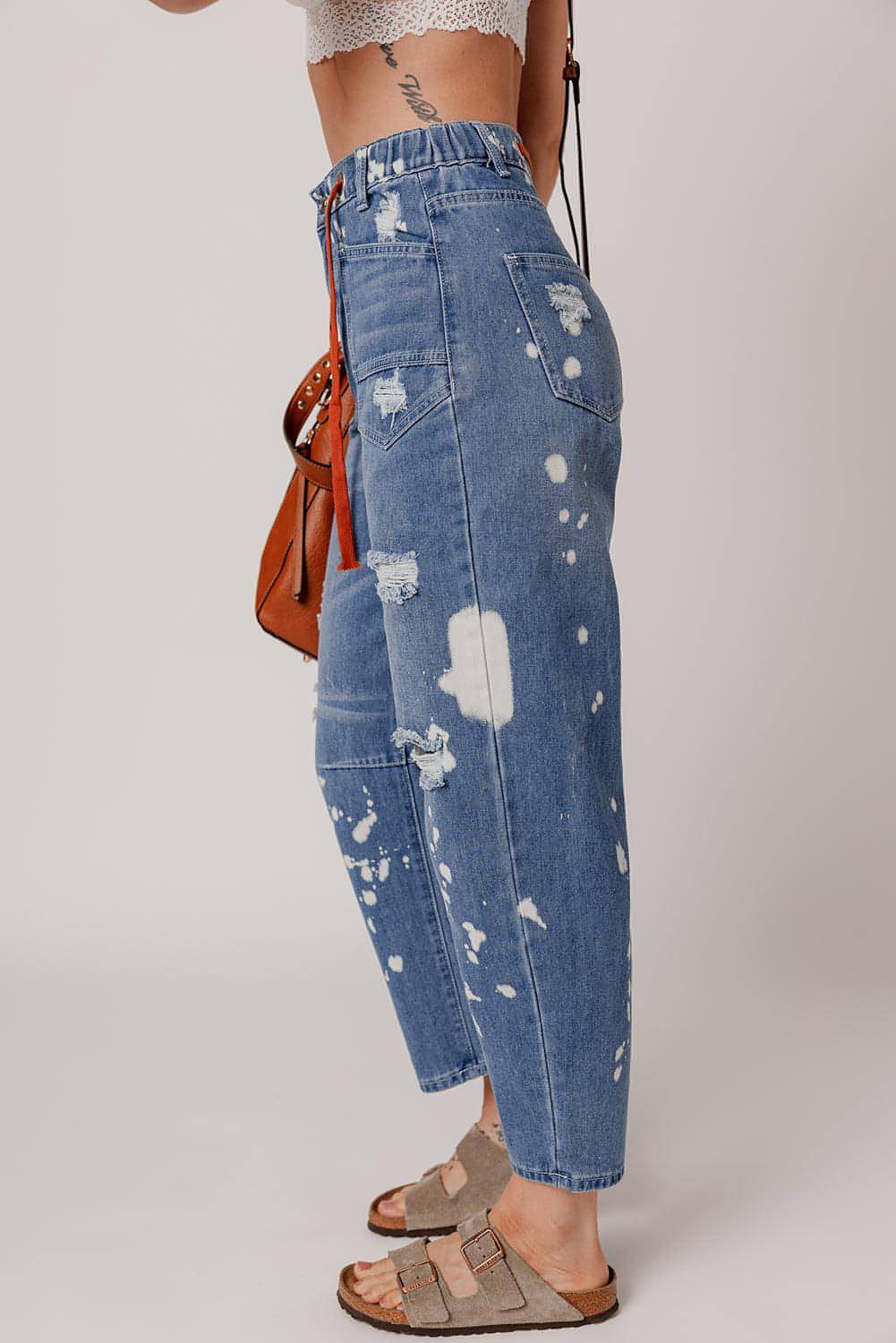 Ashleigh Blue Ripped Splattering Paint Rope Waist Cropped Straight Jeans