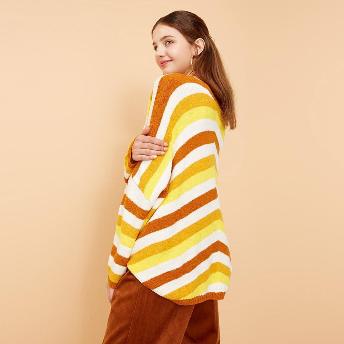 New striped stitching loose V-neck sweater women