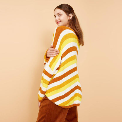 New striped stitching loose V-neck sweater women